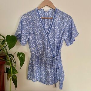 Sienna Sky Blue and White Floral Wrap Style Blouse Top